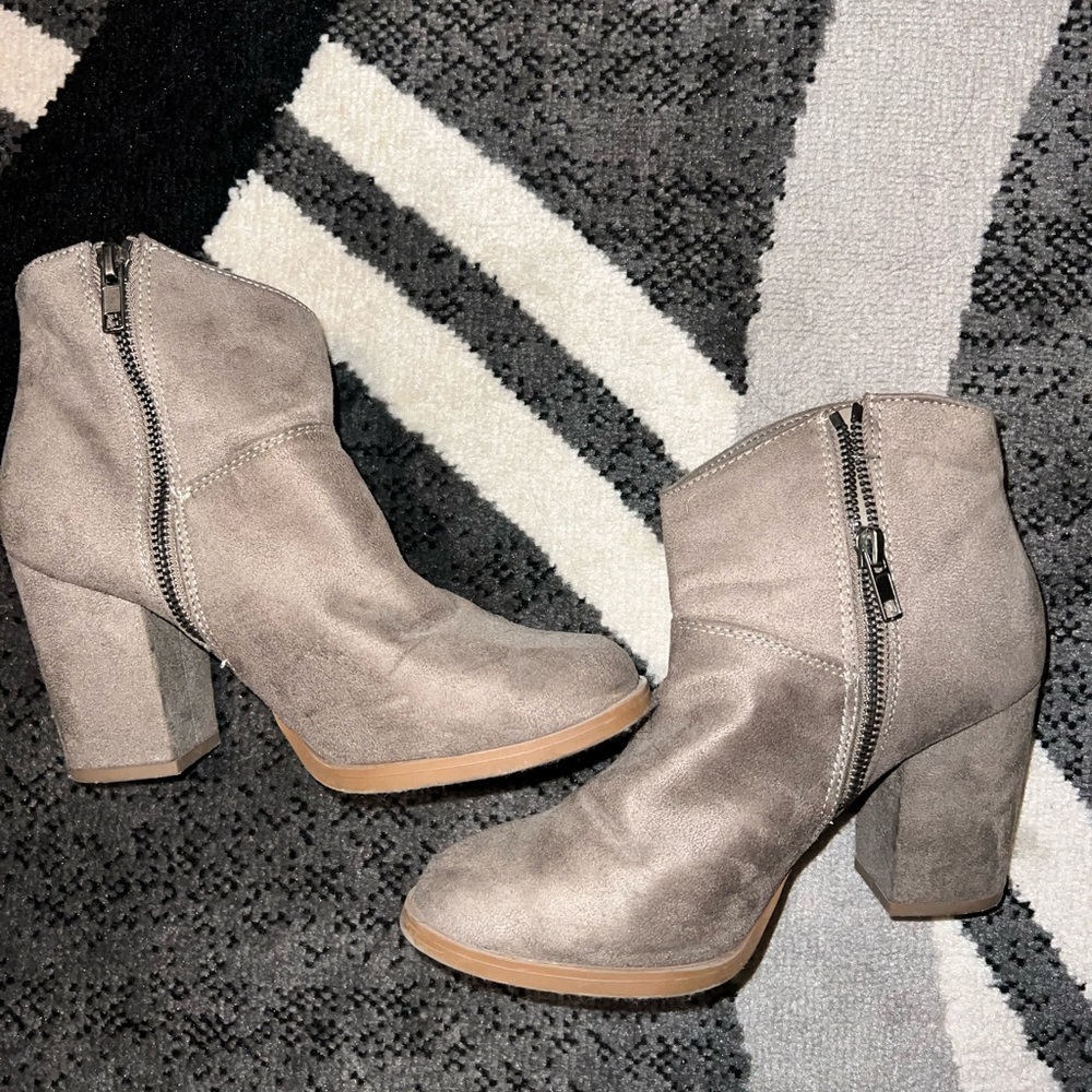 Taupe suede bootie heels
